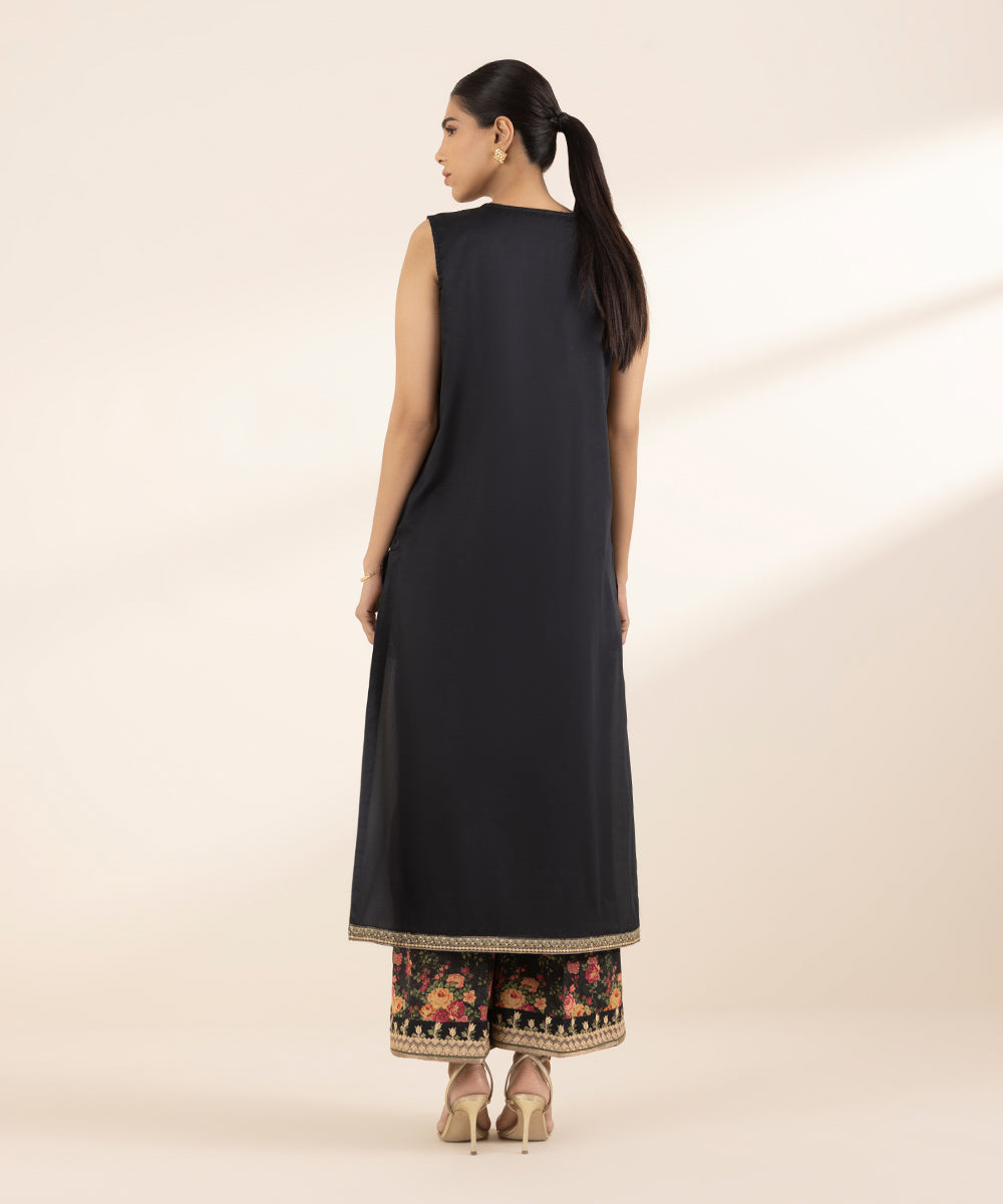 Women's RTW Cotton Satin Black Embroidered A-Line Shirt