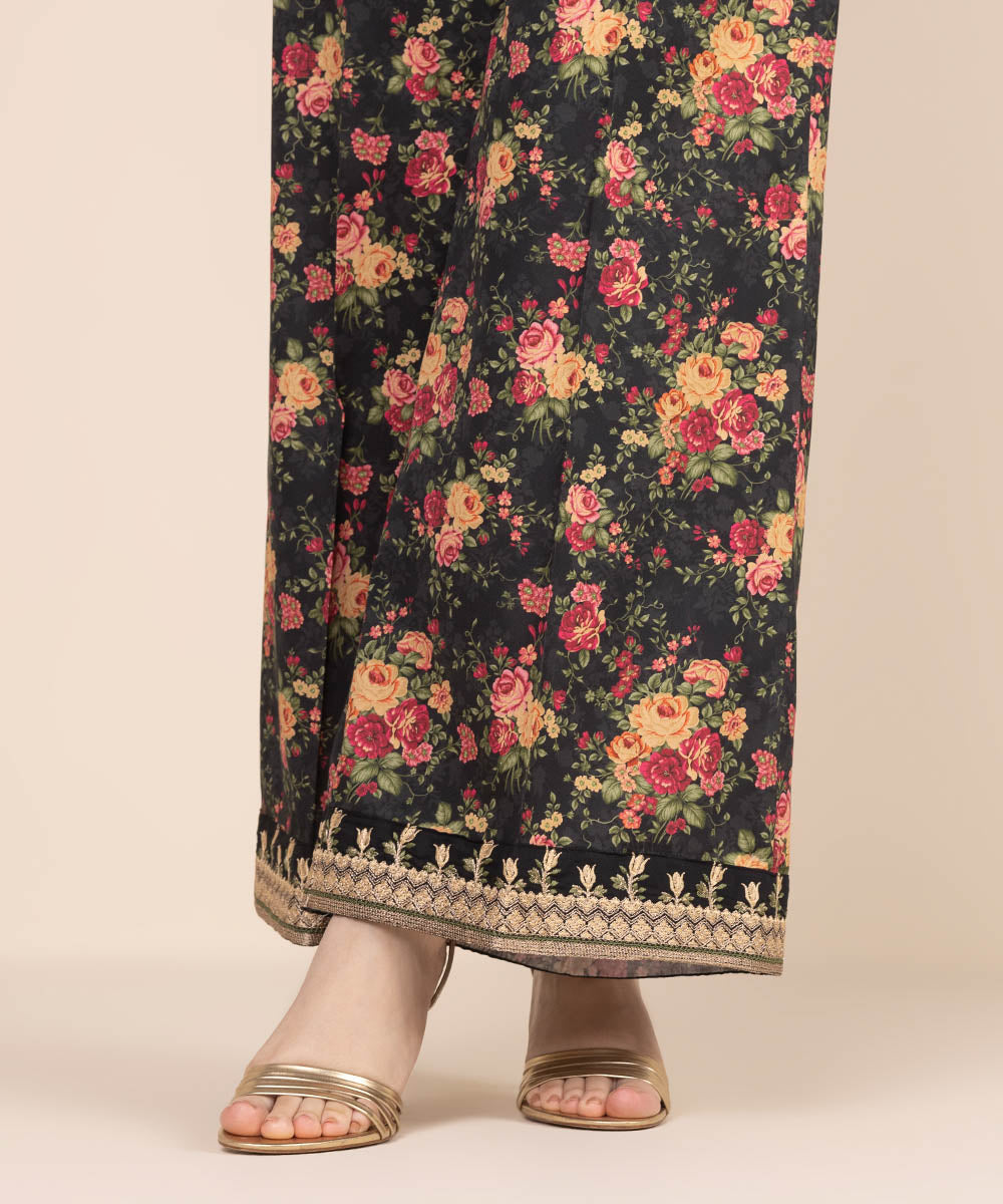 Women's RTW Cotton Satin Black Embroidered Flared Pants