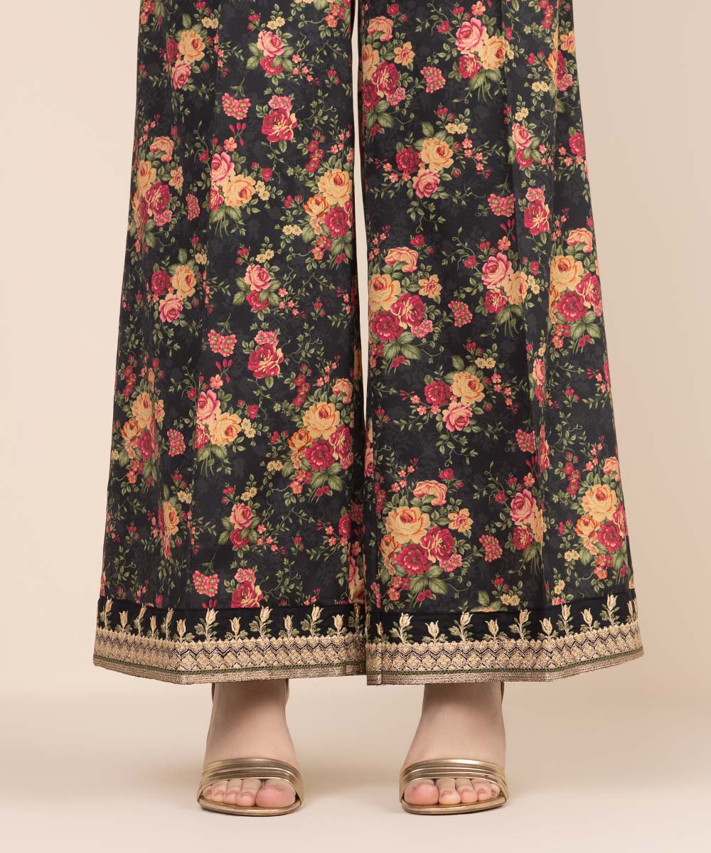 Women's RTW Cotton Satin Black Embroidered Flared Pants