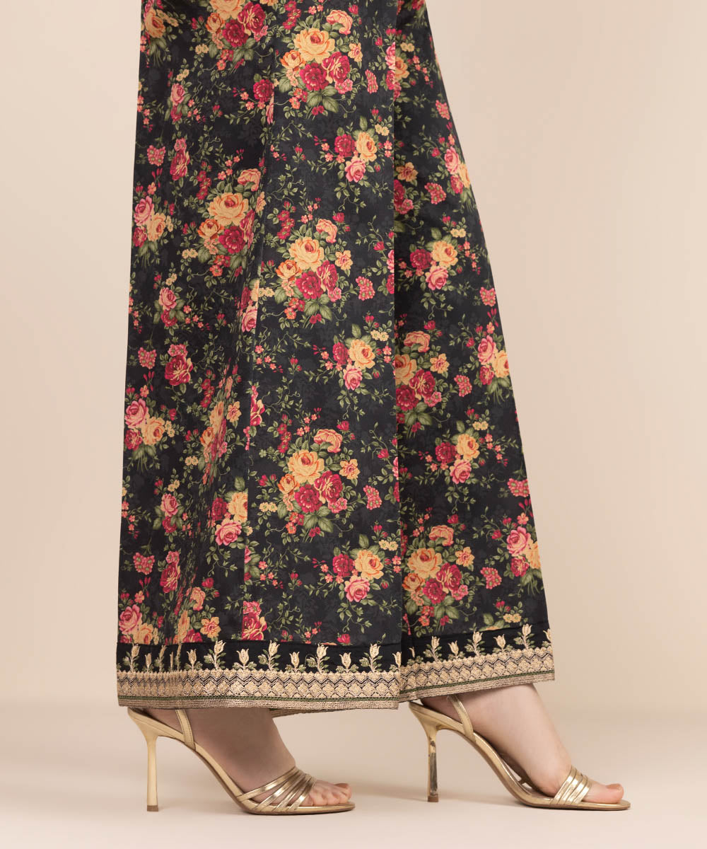 Women's RTW Cotton Satin Black Embroidered Flared Pants