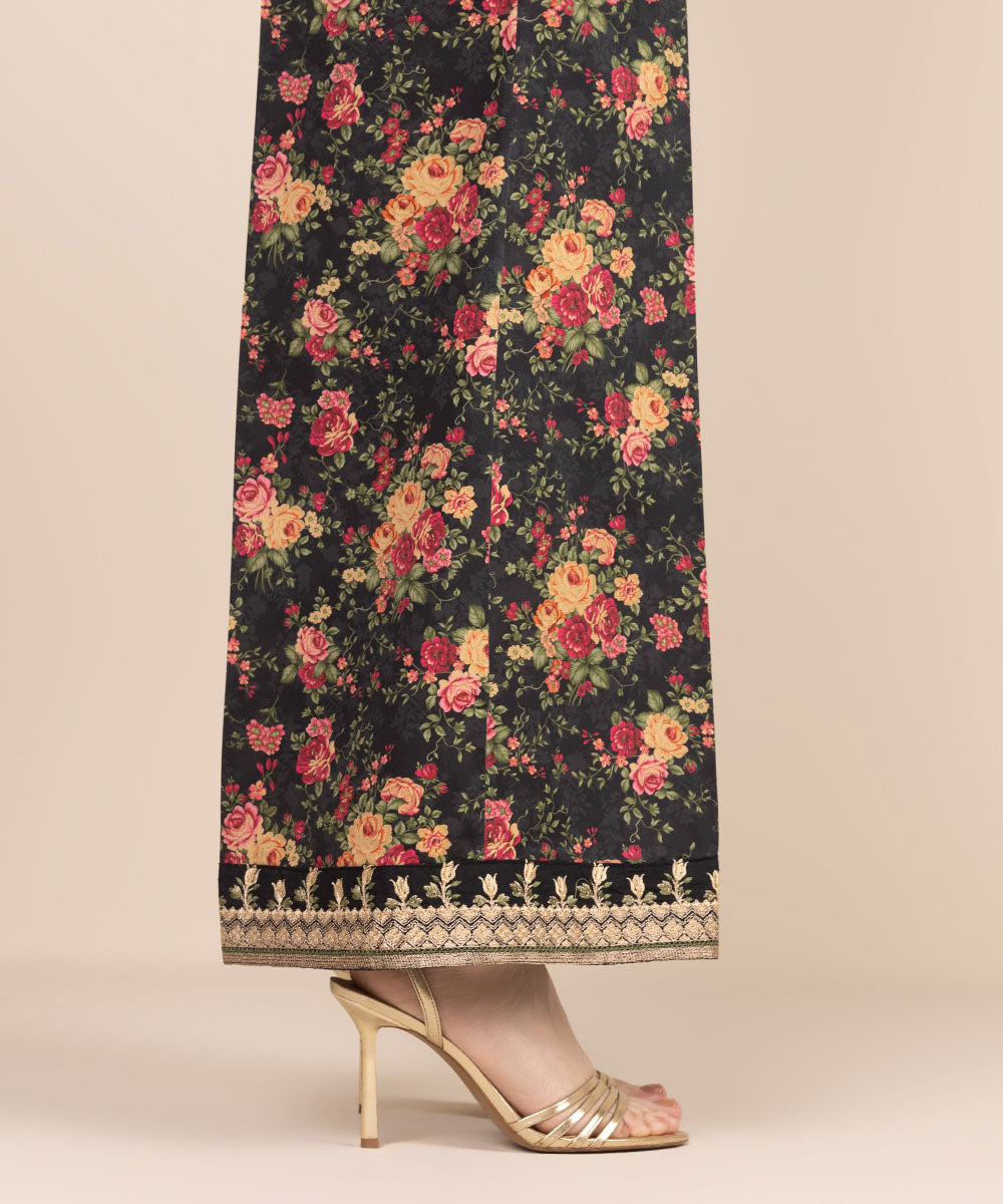 Women's RTW Cotton Satin Black Embroidered Flared Pants