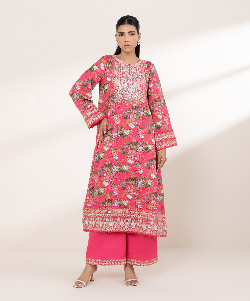 Women's RTW Cotton Satin Pink Embroidered A-Line Shirt