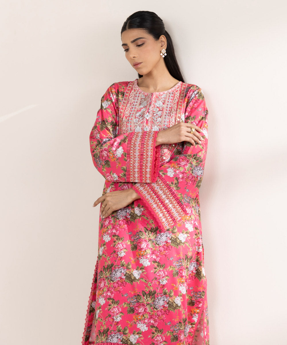 Women's RTW Cotton Satin Pink Embroidered A-Line Shirt