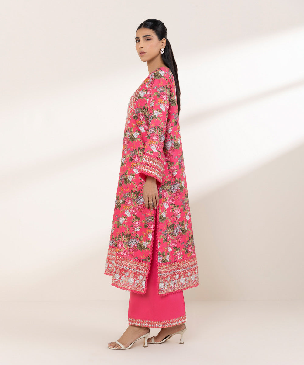 Women's RTW Cotton Satin Pink Embroidered A-Line Shirt