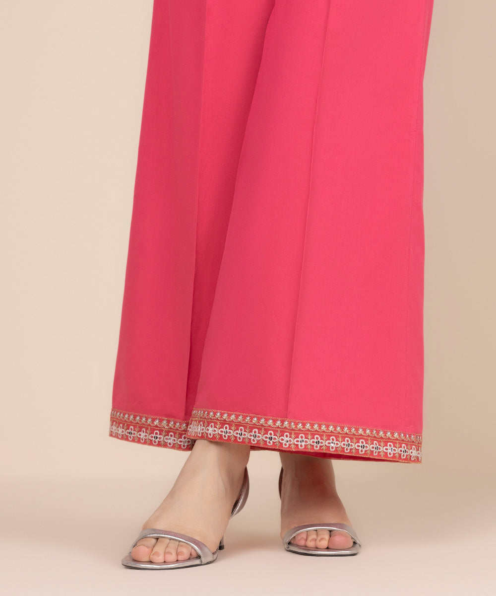 Women's RTW Cotton Satin Pink Embroidered Flared Pants