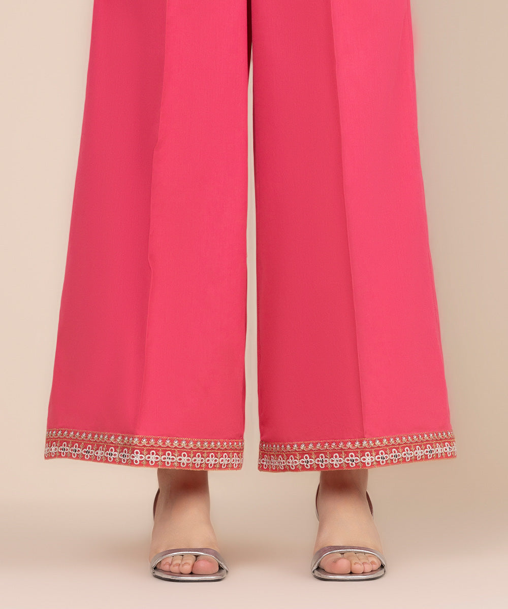 Women's RTW Cotton Satin Pink Embroidered Flared Pants