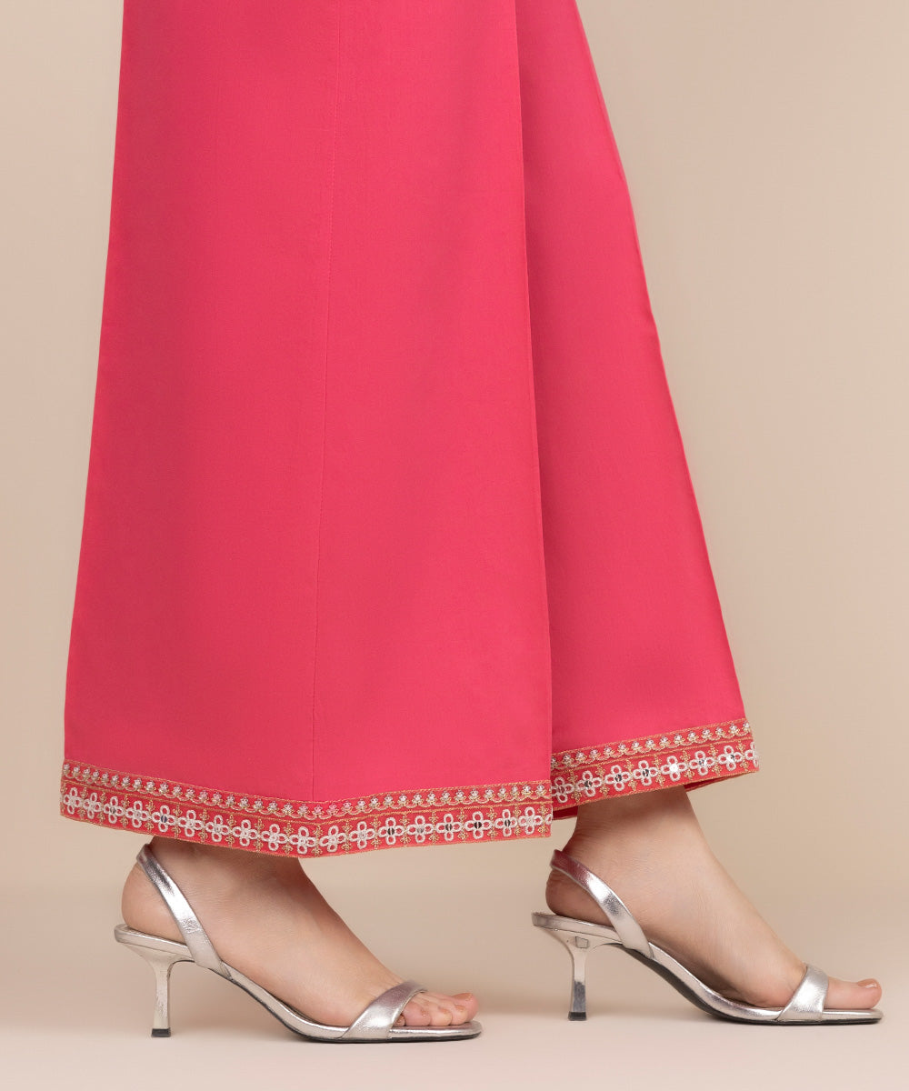 Women's RTW Cotton Satin Pink Embroidered Flared Pants