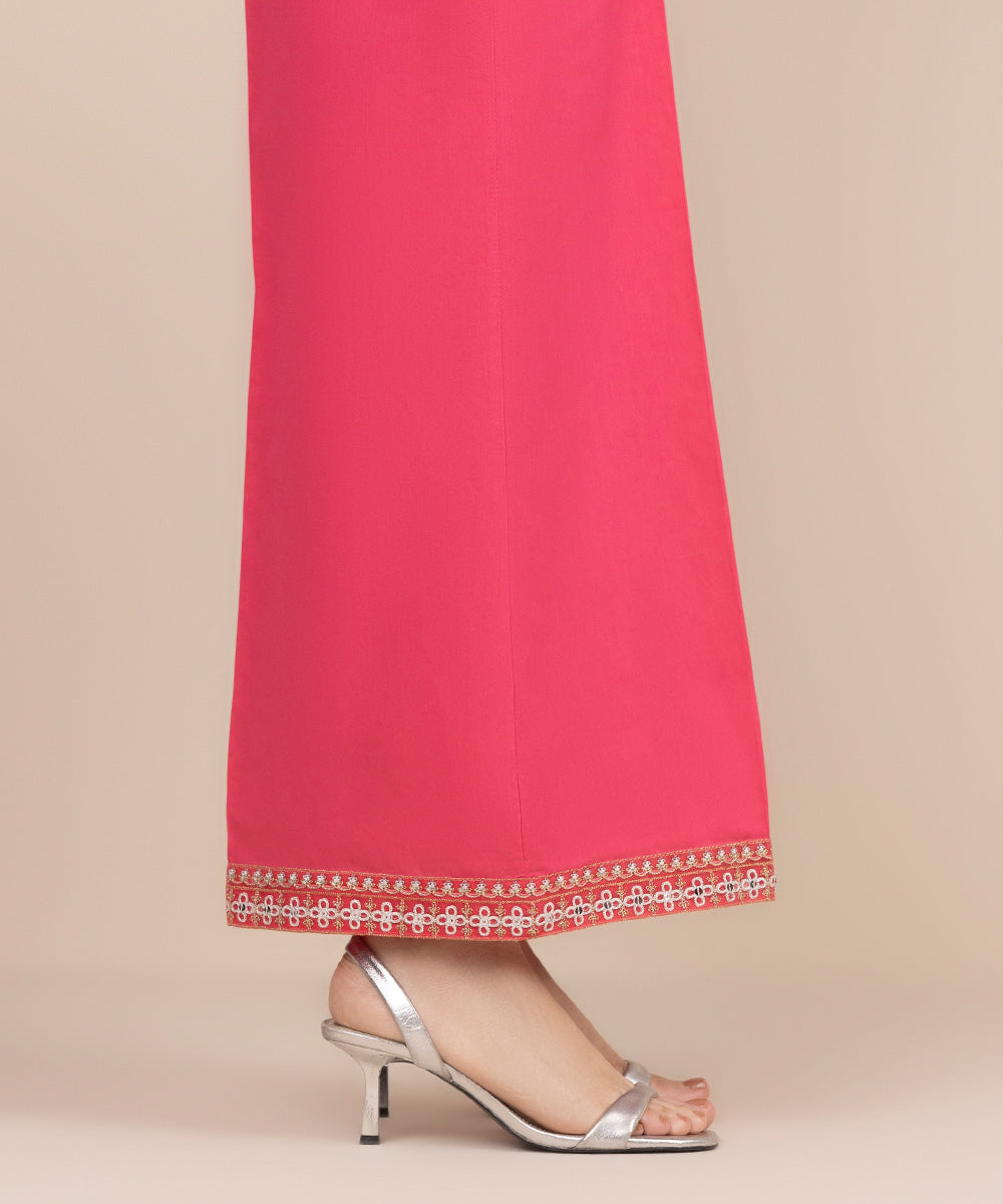 Women's RTW Cotton Satin Pink Embroidered Flared Pants
