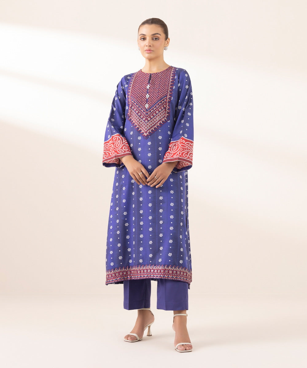 Women's Pret Cotton Satin Blue Embroidered A-Line Shirt