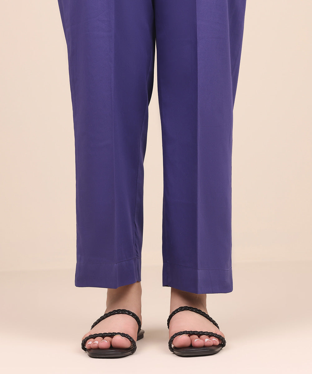 Women's Pret Cotton Satin Blue Solid Straight Pants