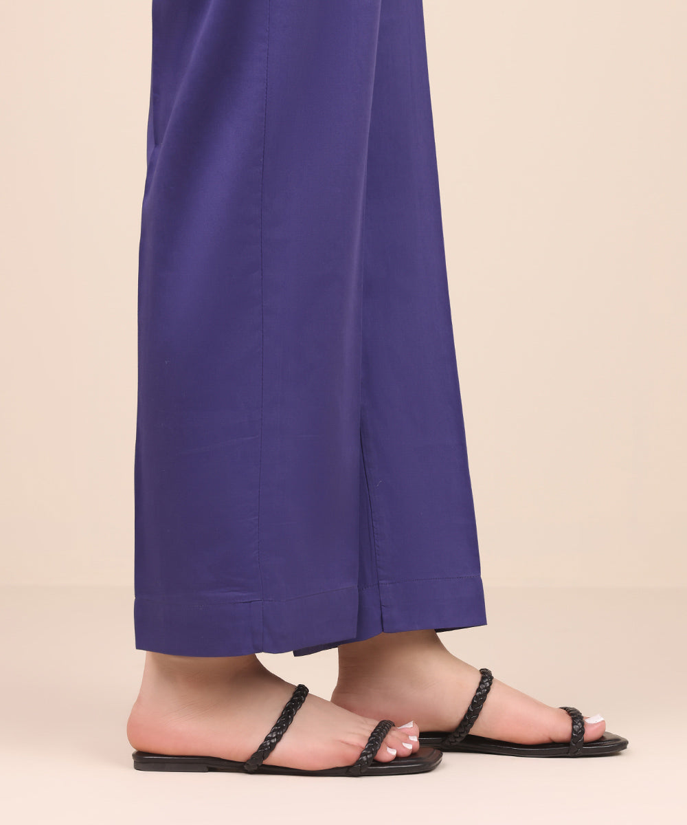 Women's Pret Cotton Satin Blue Solid Straight Pants