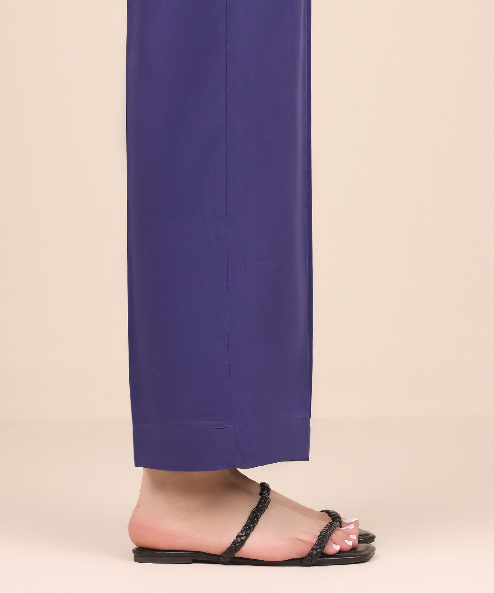 Women's Pret Cotton Satin Blue Solid Straight Pants