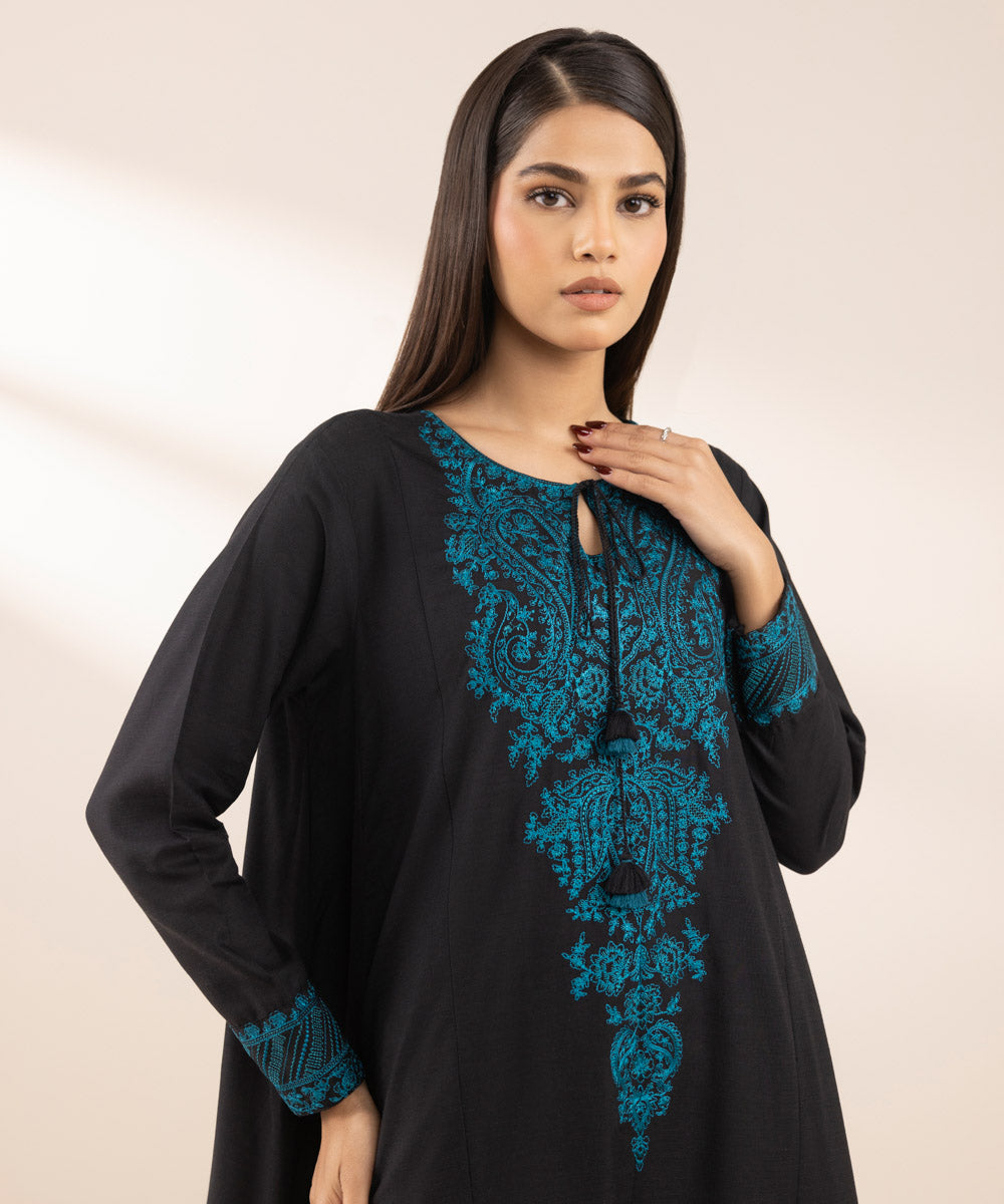 Women's Pret Cotton Viscose Black Embroidered A-Line Shirt