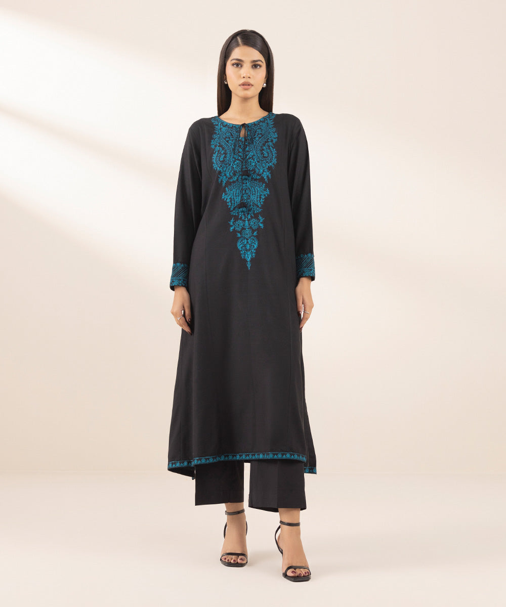 Women's Pret Cotton Viscose Black Embroidered A-Line Shirt