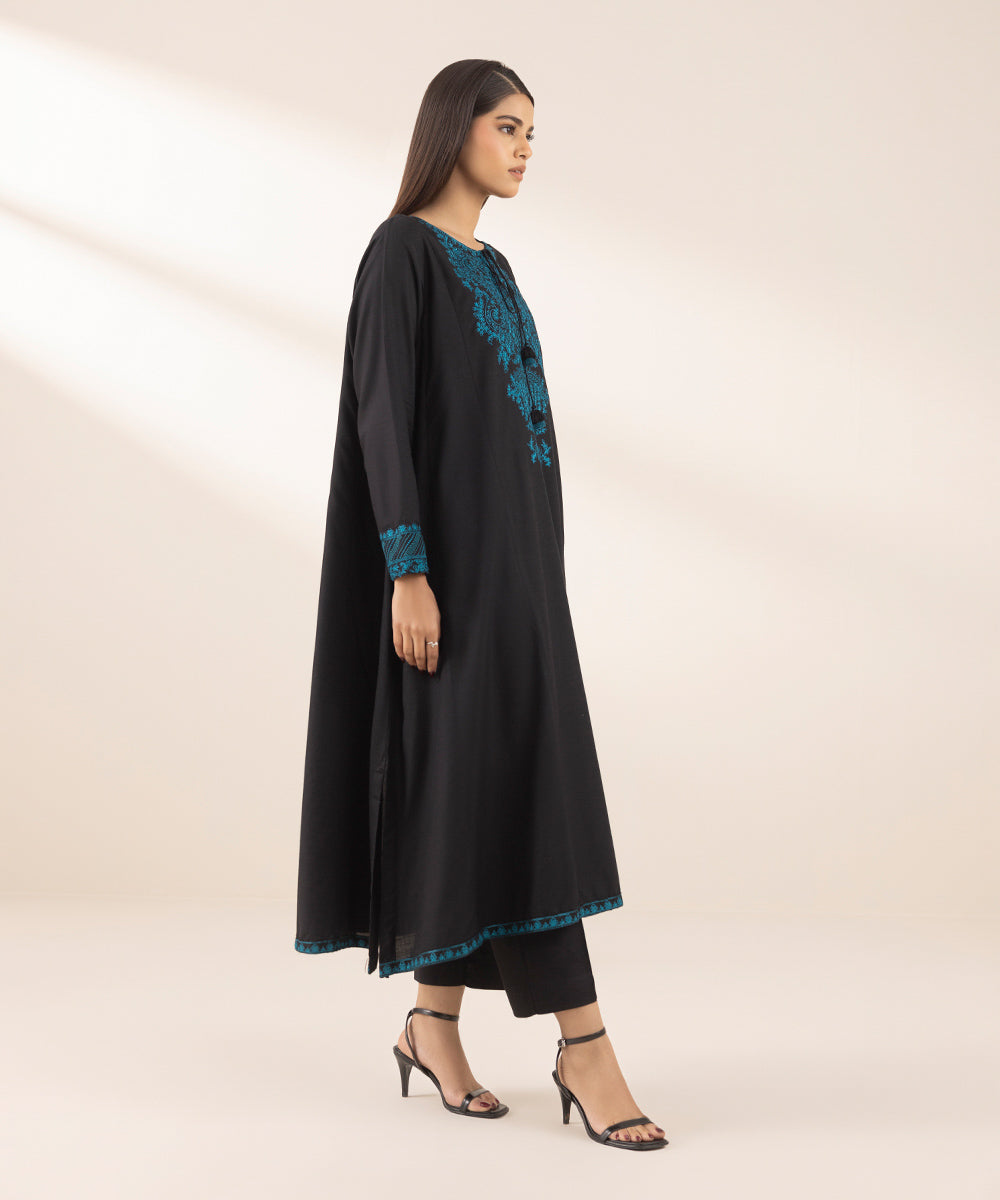 Women's Pret Cotton Viscose Black Embroidered A-Line Shirt