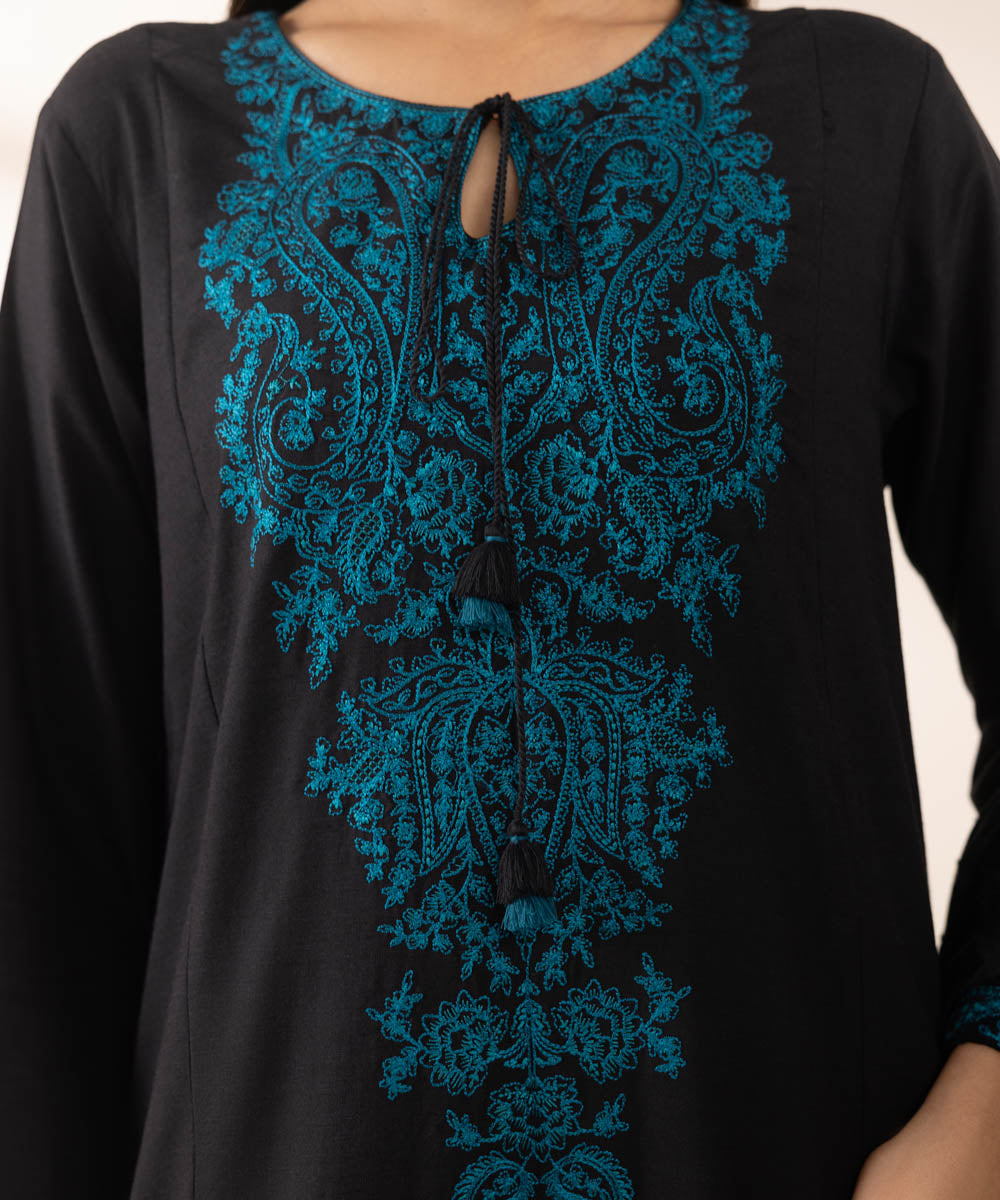 Women's Pret Cotton Viscose Black Embroidered A-Line Shirt