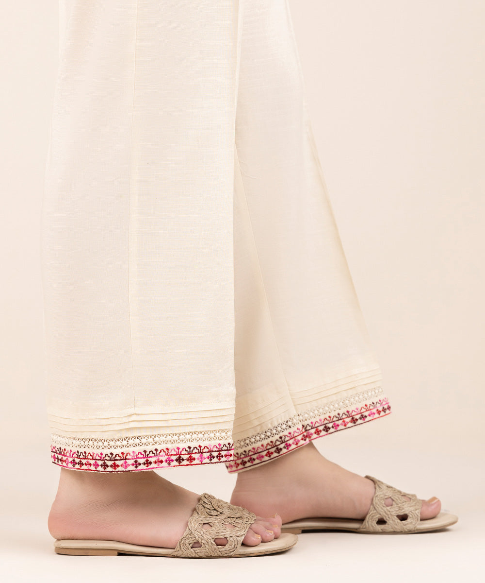 Women's Pret Cambric Off White Embroidered Straight Pants