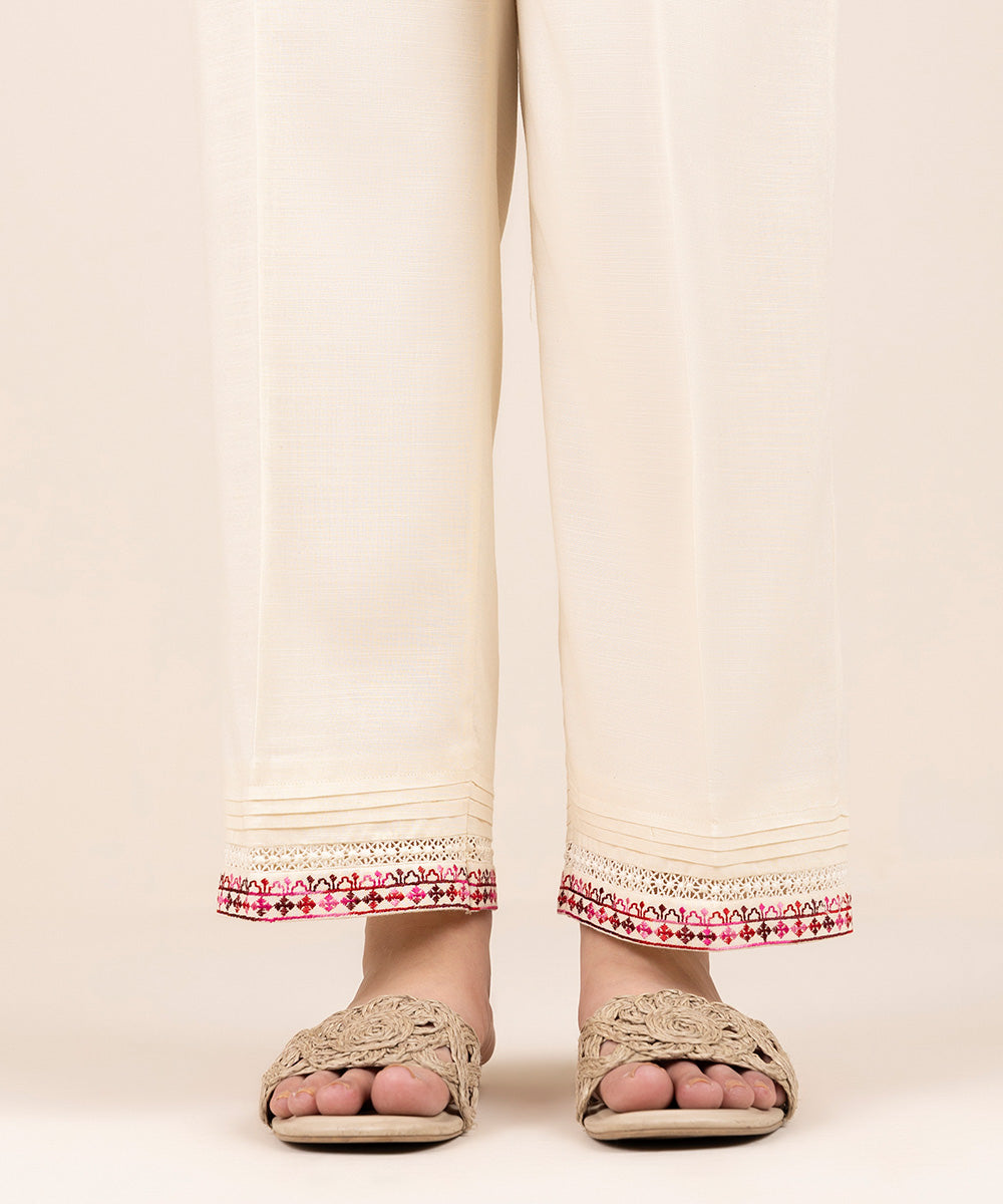 Women's Pret Cambric Off White Embroidered Straight Pants