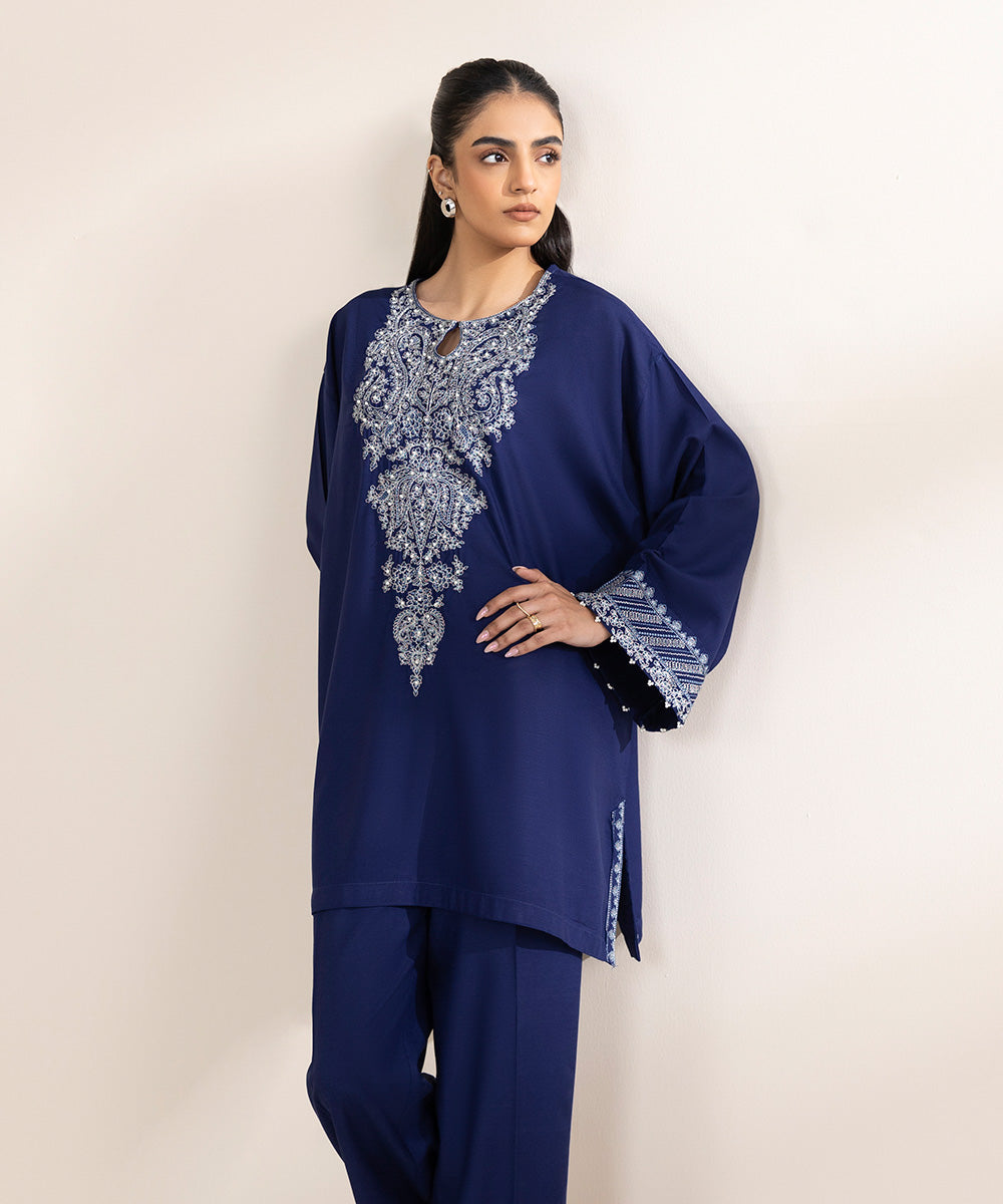 Women's Pret Cotton Viscose Blue Embroidered Drop Shoulder Shirt