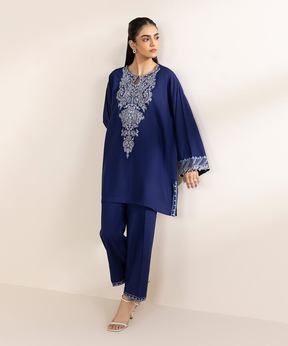 Women's Pret Cotton Viscose Blue Embroidered Drop Shoulder Shirt