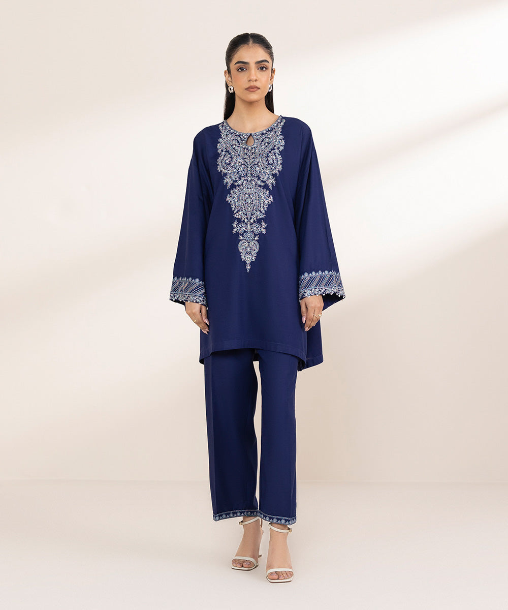 Women's Pret Cotton Viscose Blue Embroidered Drop Shoulder Shirt