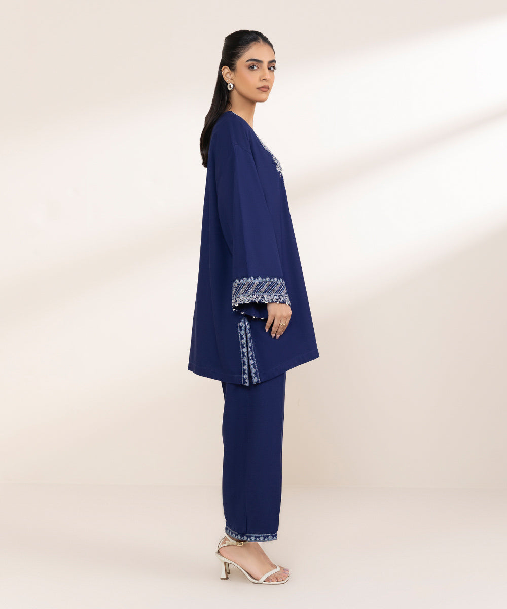 Women's Pret Cotton Viscose Blue Embroidered Drop Shoulder Shirt