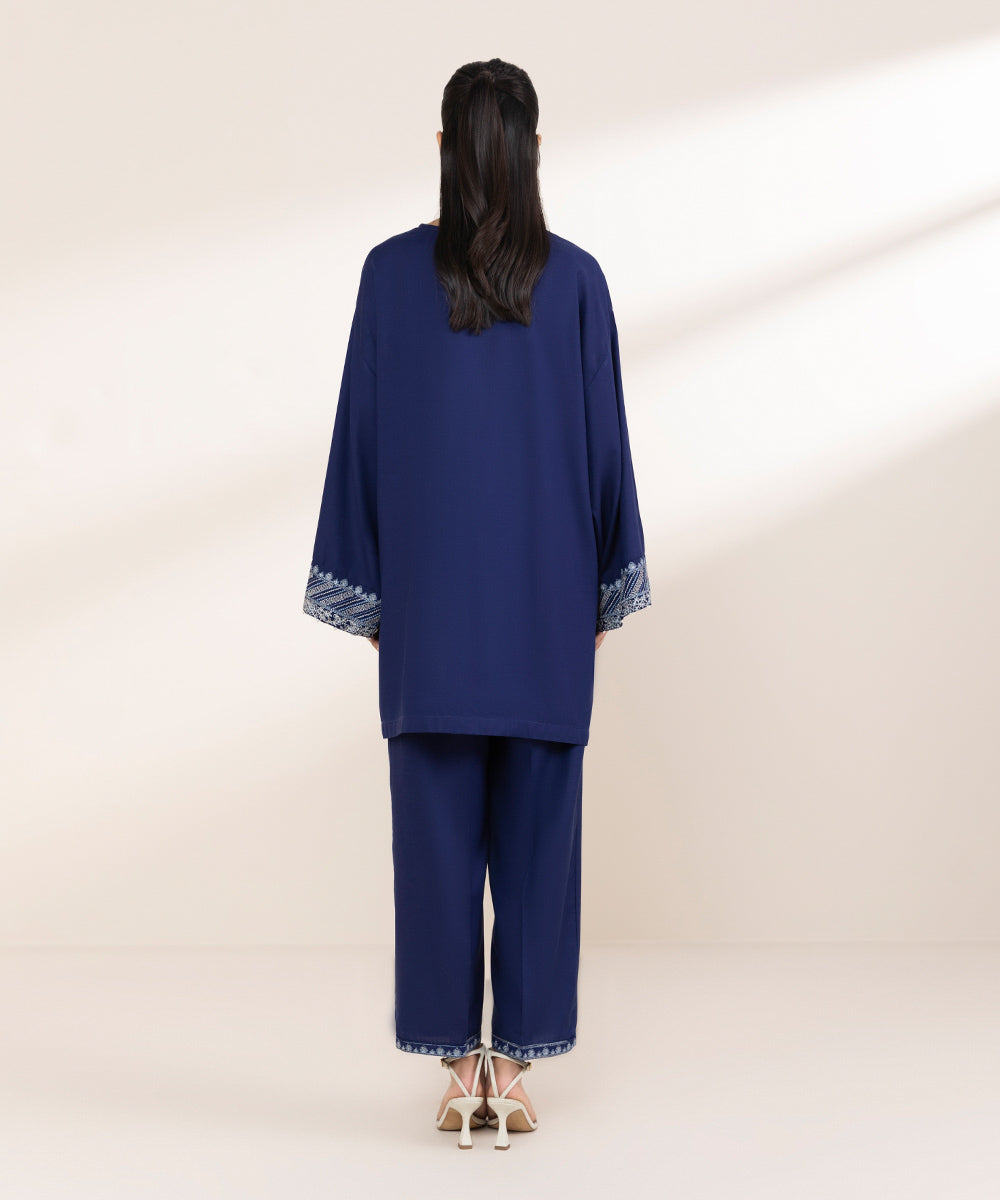 Women's Pret Cotton Viscose Blue Embroidered Drop Shoulder Shirt