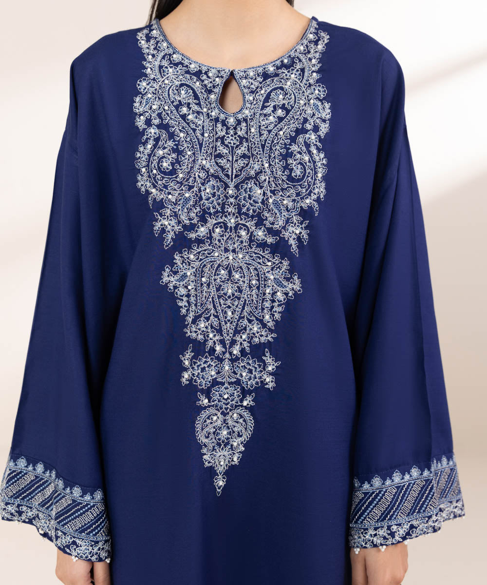 Women's Pret Cotton Viscose Blue Embroidered Drop Shoulder Shirt