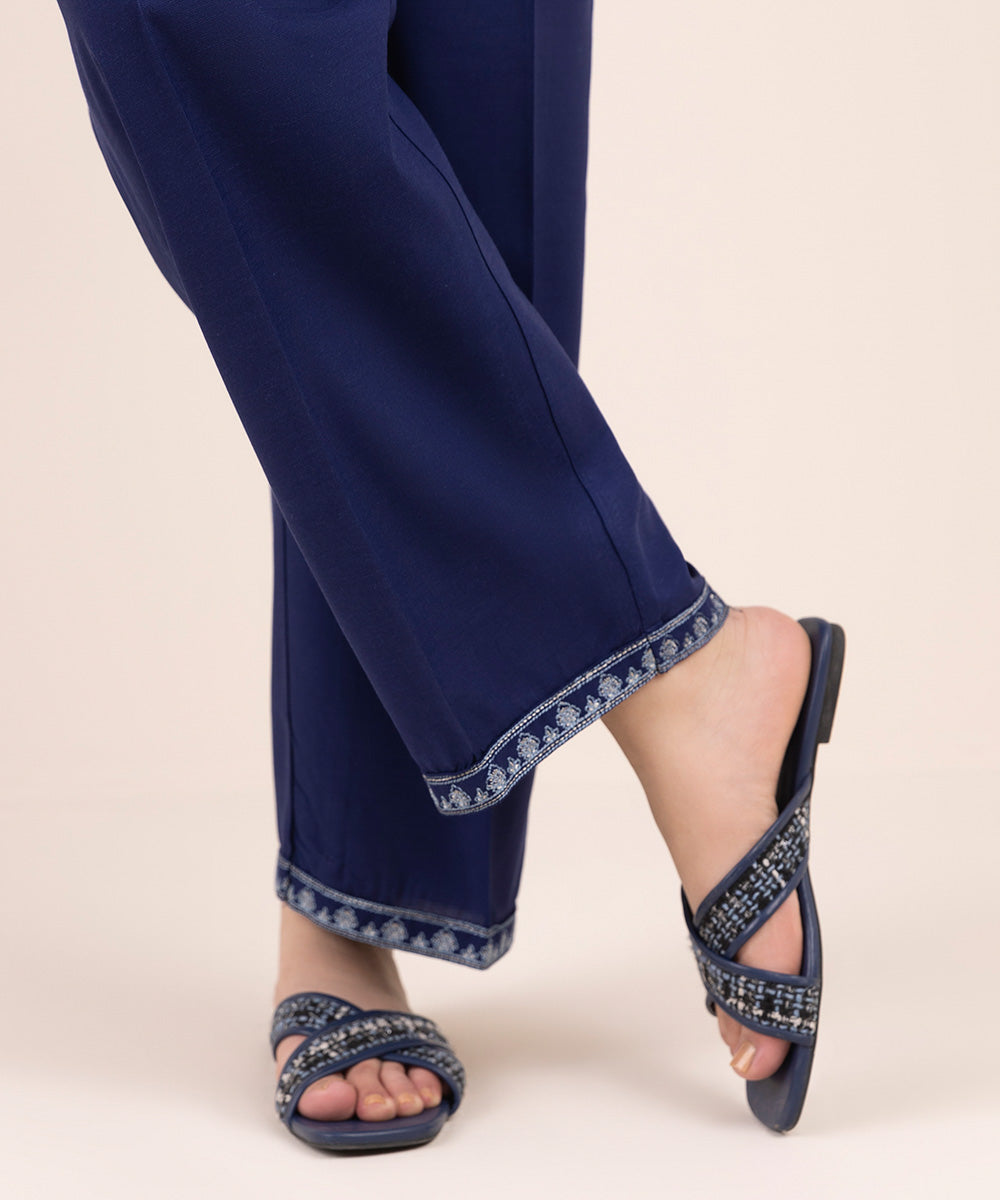 Women's Pret Cambric Blue Embroidered Straight Pants