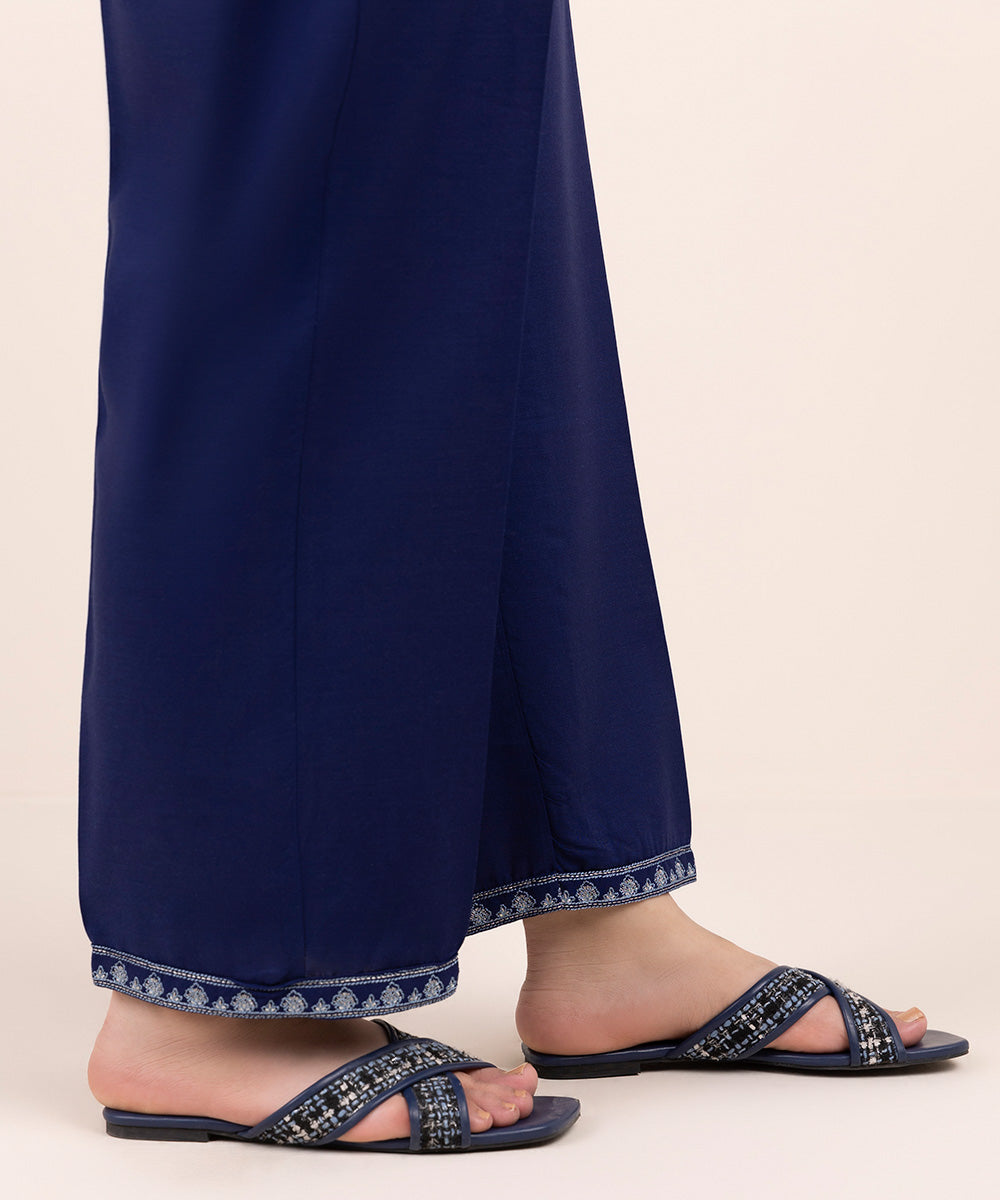 Women's Pret Cambric Blue Embroidered Straight Pants