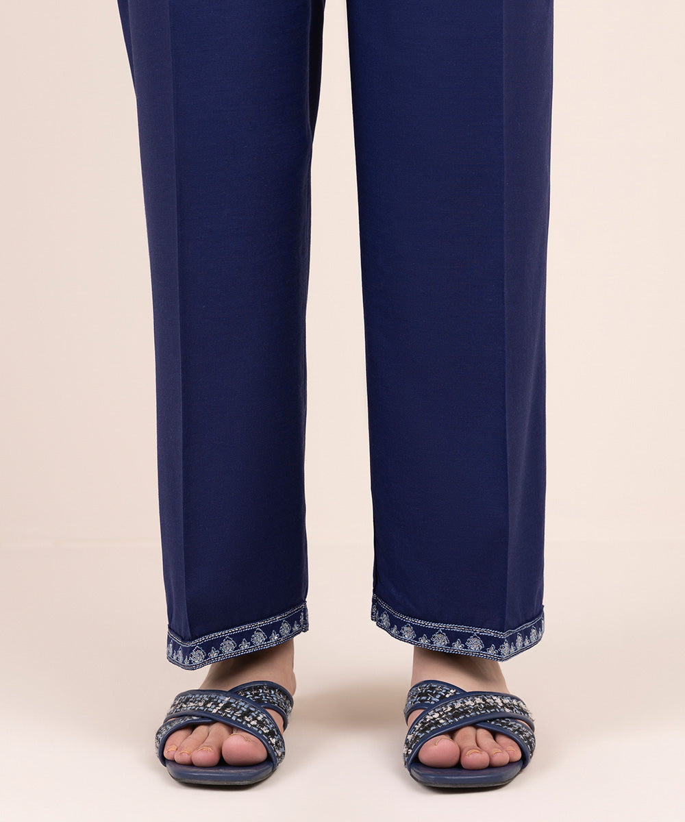 Women's Pret Cambric Blue Embroidered Straight Pants