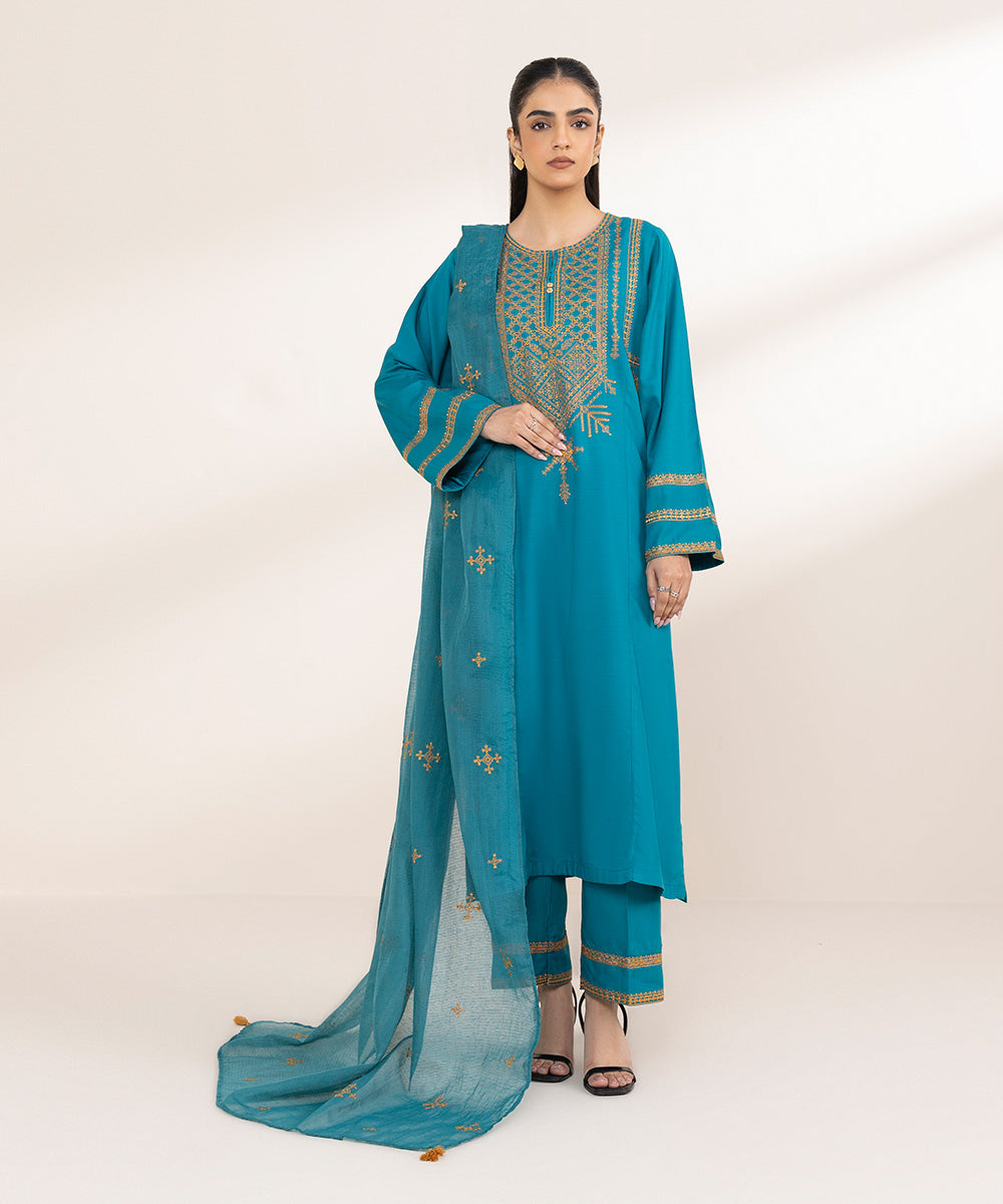 Blended Textured Karandi Blue Embroidered Dupatta