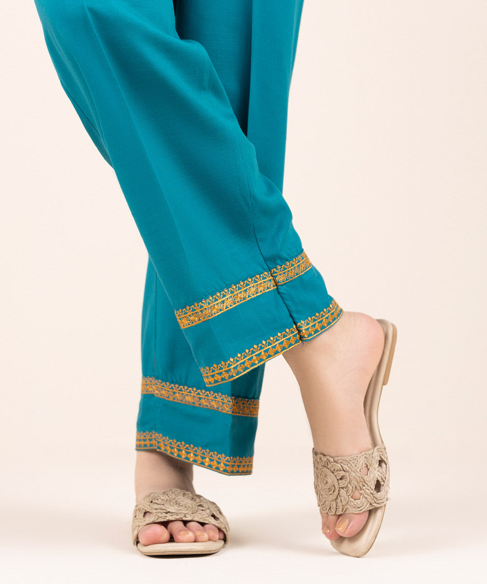 Women's Pret Cambric Blue Embroidered Straight Pants