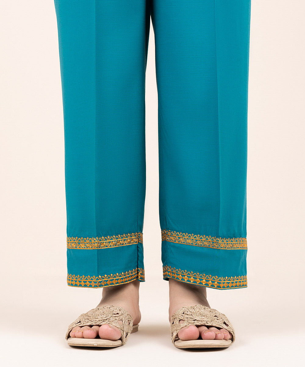 Women's Pret Cambric Blue Embroidered Straight Pants