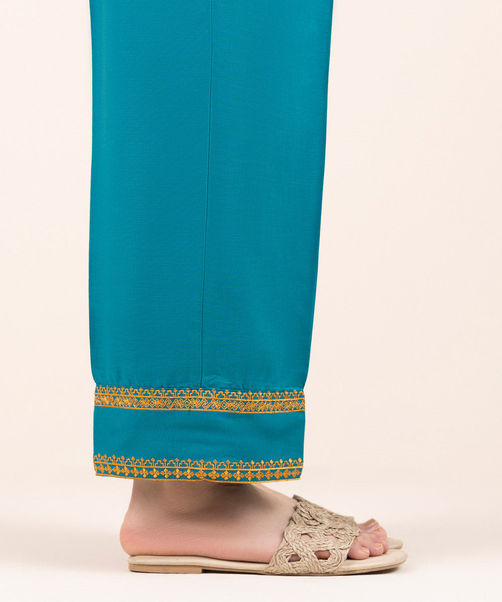 Women's Pret Cambric Blue Embroidered Straight Pants