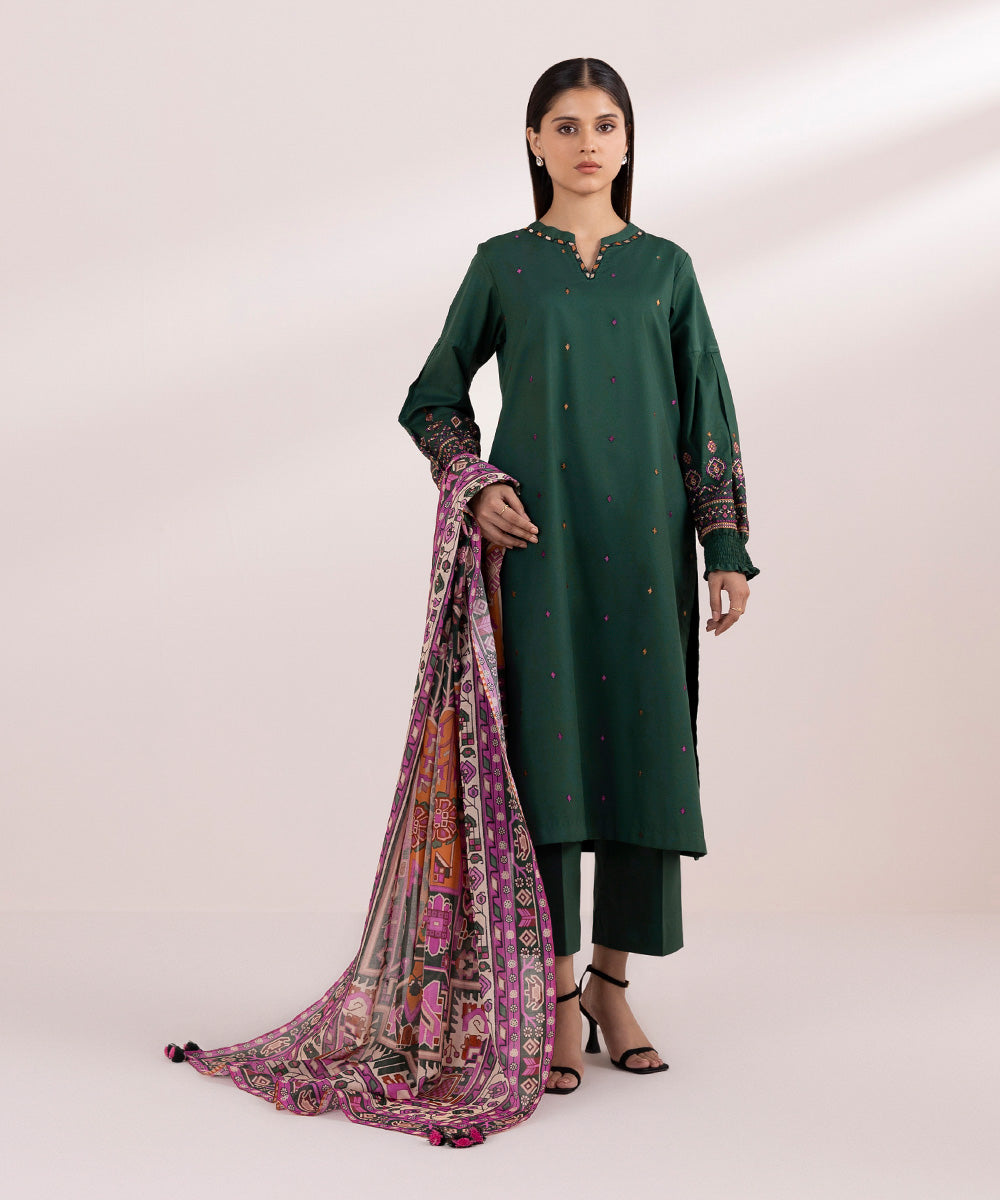 Women's Unstitched Cambric Green Embroidered 3 Piece Suit