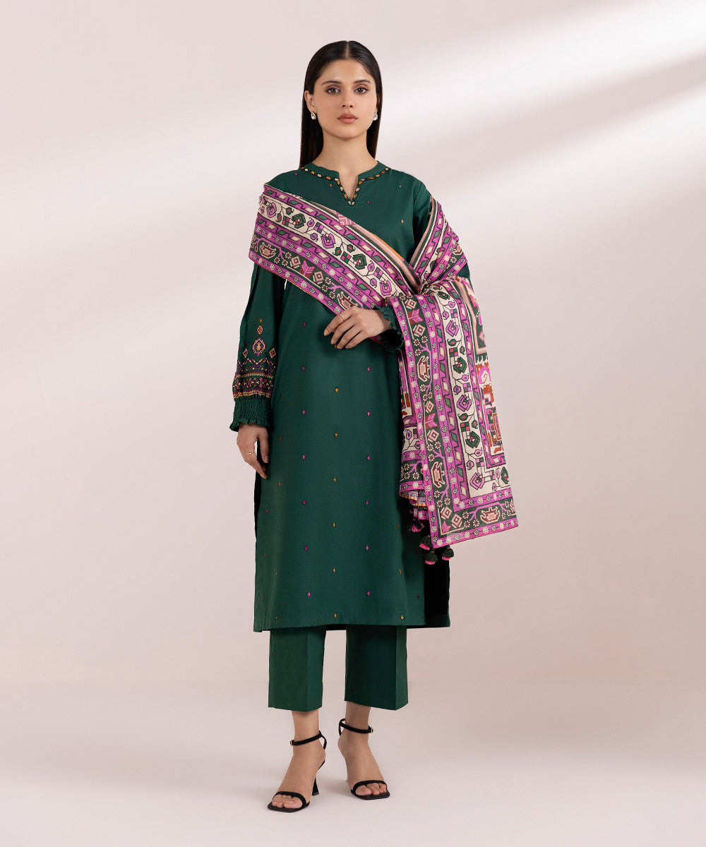 Women's Unstitched Cambric Green Embroidered 3 Piece Suit