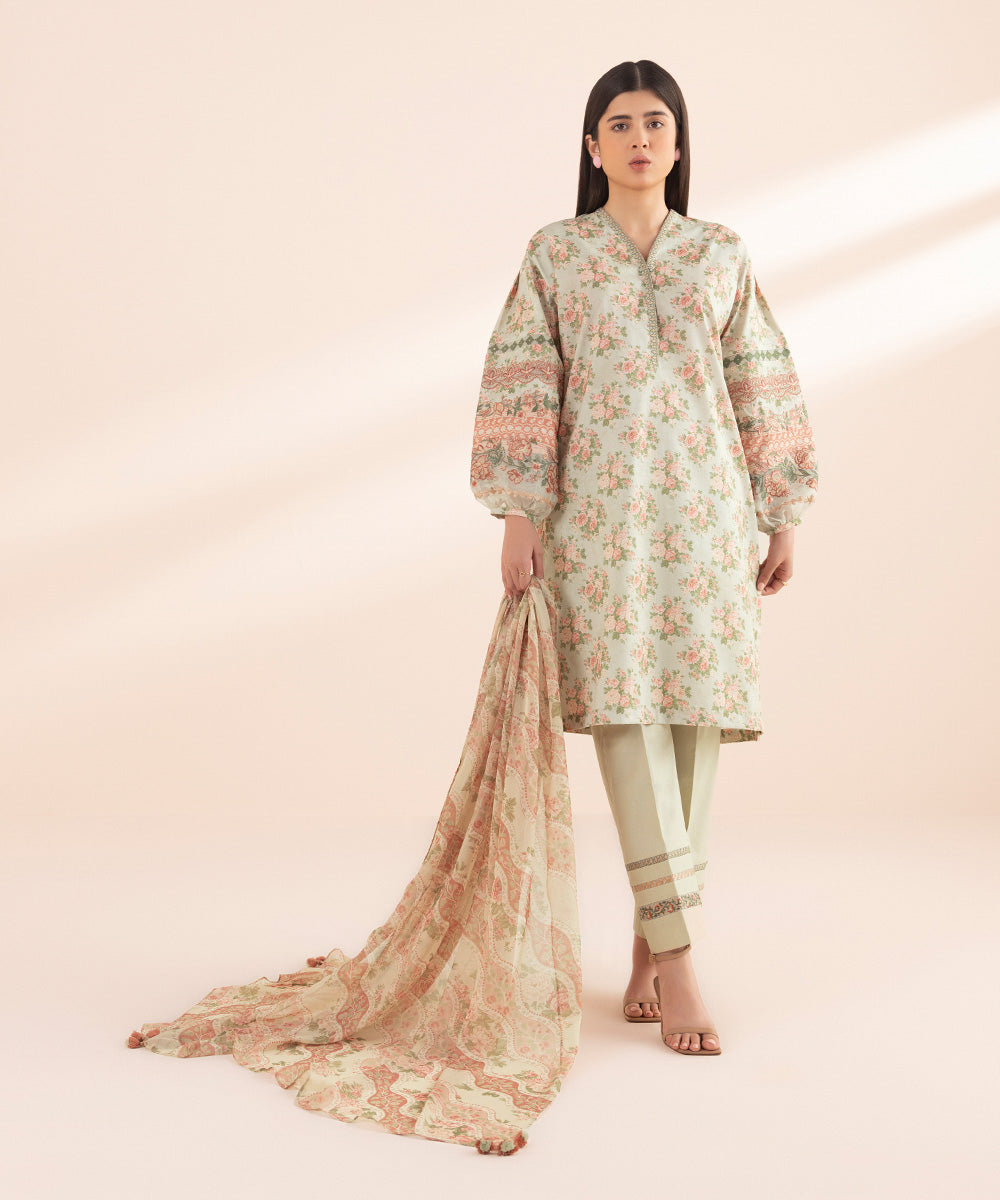 Women's Unstitched Lawn Beige Embroidered 3 Piece Suit