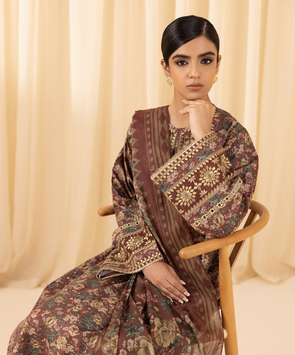 Women's Unstitched Embroidered Cotton Viscose Brown 3 Piece Suit