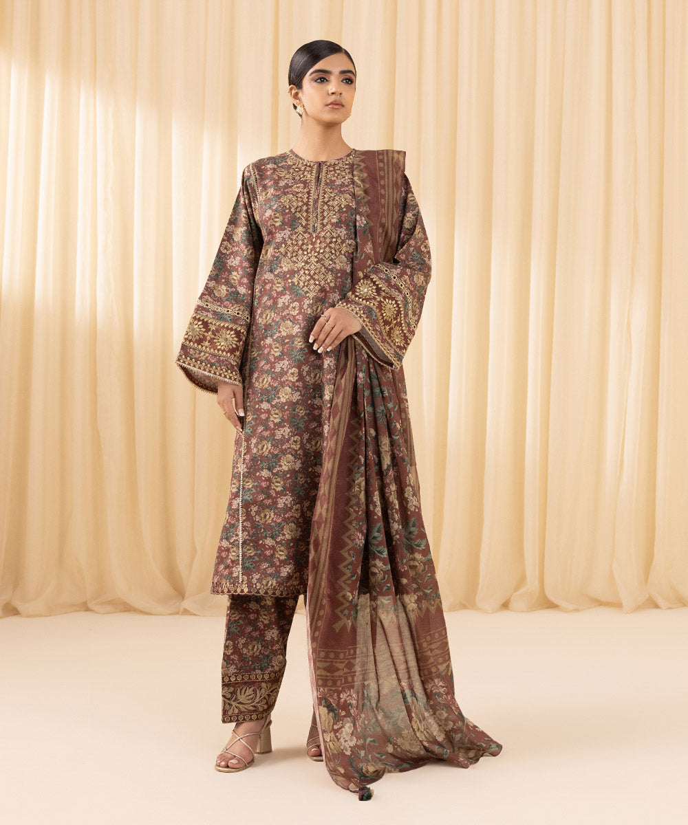 Women's Unstitched Embroidered Cotton Viscose Brown 3 Piece Suit