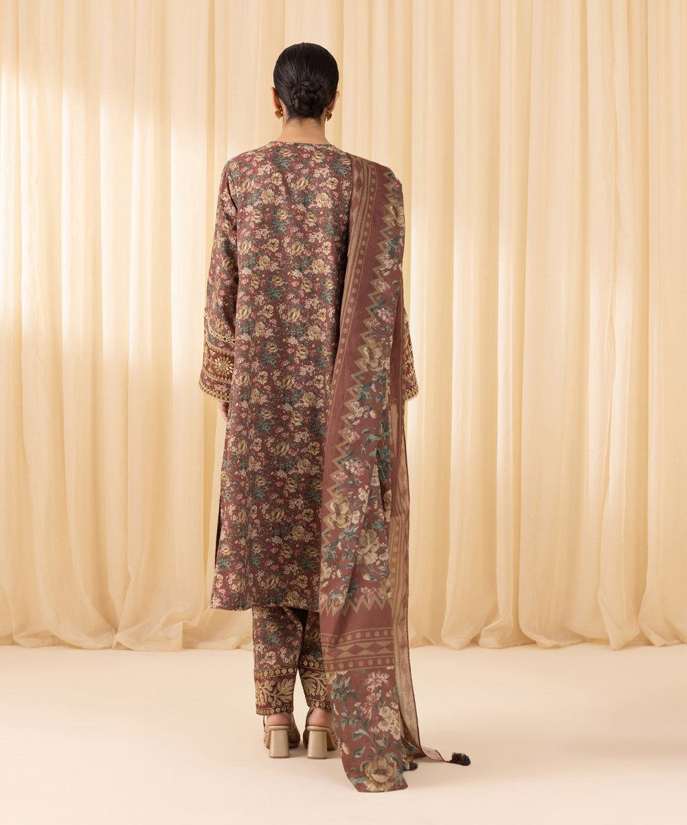 Women's Unstitched Embroidered Cotton Viscose Brown 3 Piece Suit