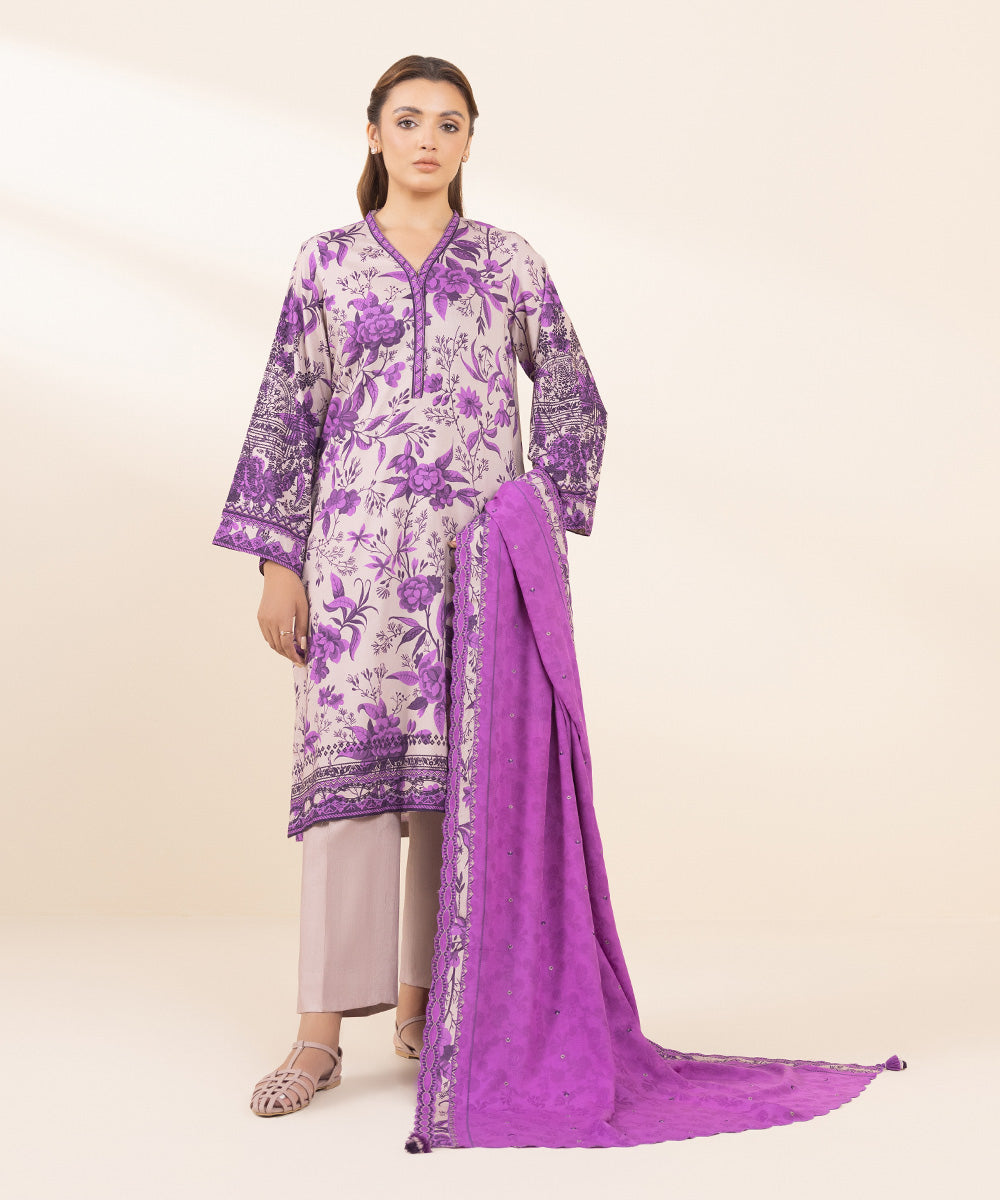 Women's Unstitched Arabic Lawn Embroidered Purple 3 Piece Suit