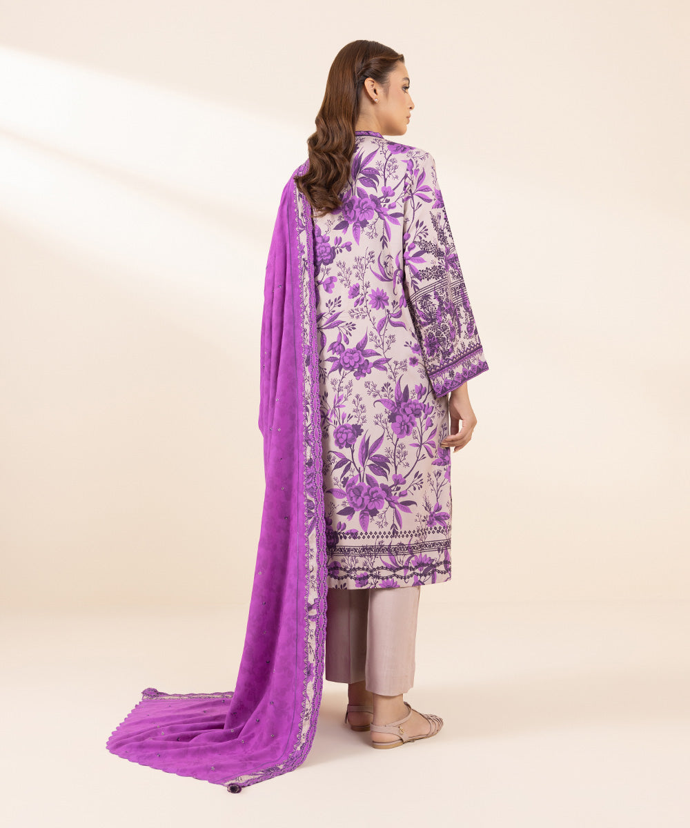 Women's Unstitched Arabic Lawn Embroidered Purple 3 Piece Suit