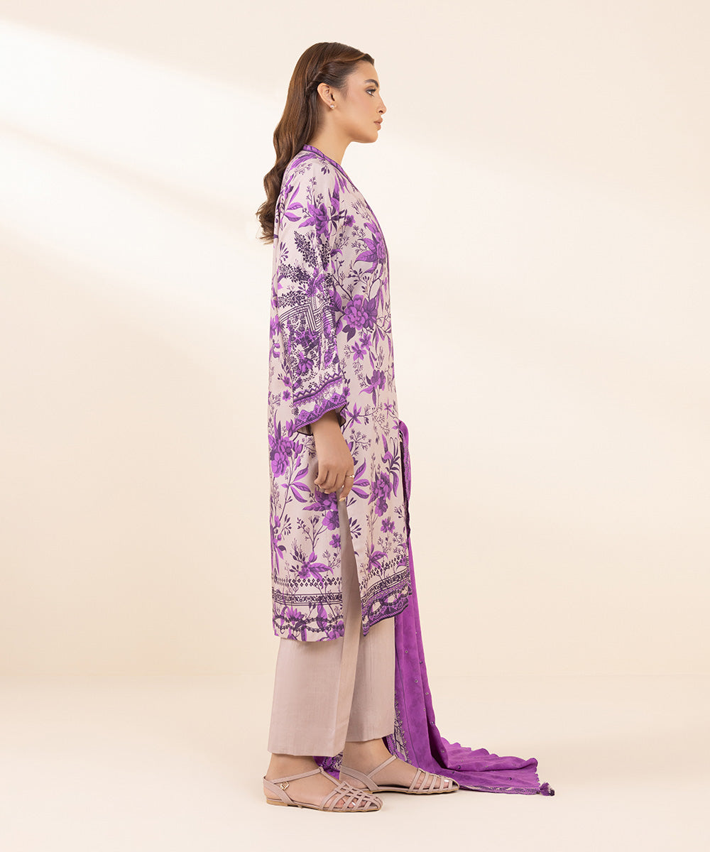 Women's Unstitched Arabic Lawn Embroidered Purple 3 Piece Suit