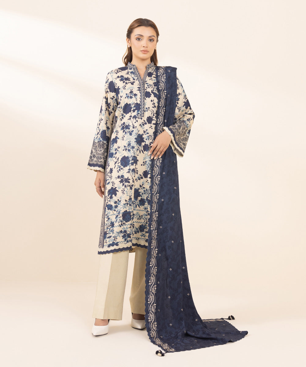 Women's Unstitched Arabic Lawn Embroidered Blue 3 Piece Suit