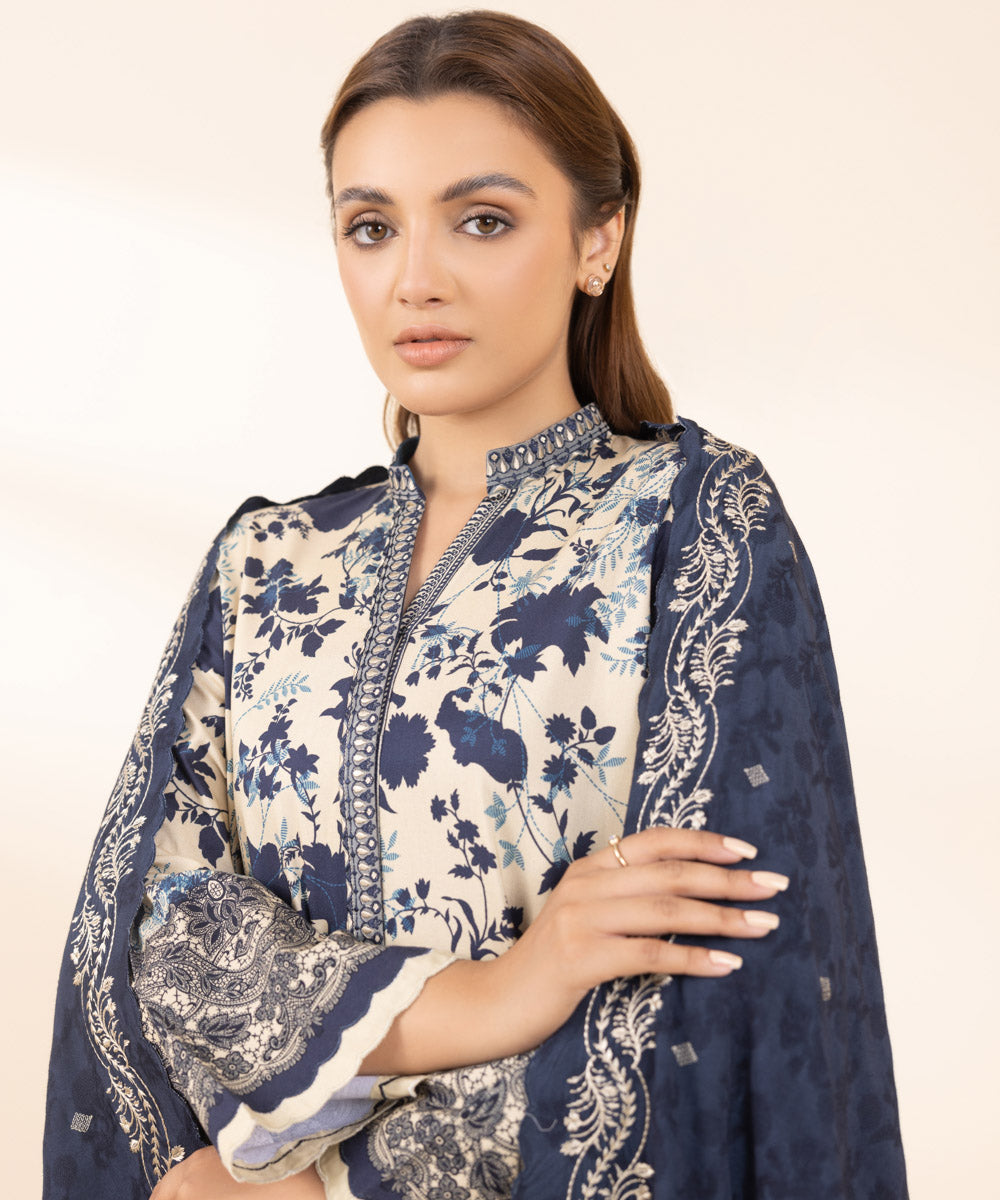 Women's Unstitched Arabic Lawn Embroidered Blue 3 Piece Suit