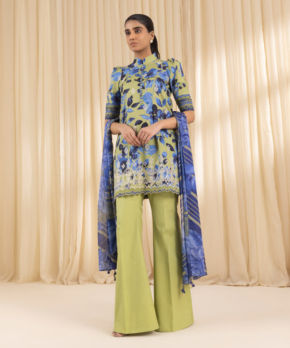 Unstitched Women's Embroidered Lawn Yellow Three Piece Suit 