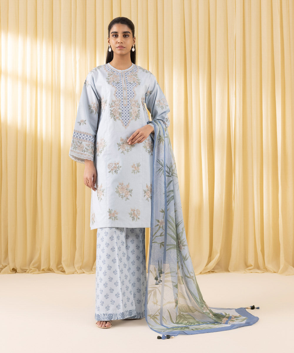 Unstitched Women's Blue Textured Lawn 3 Piece Suit