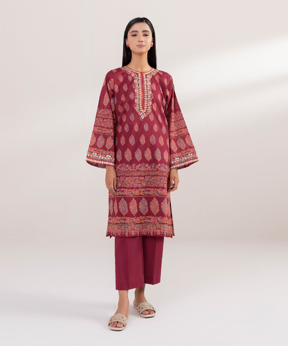 Women's Pret Lawn Printed Embroidered Red Straight Shirt