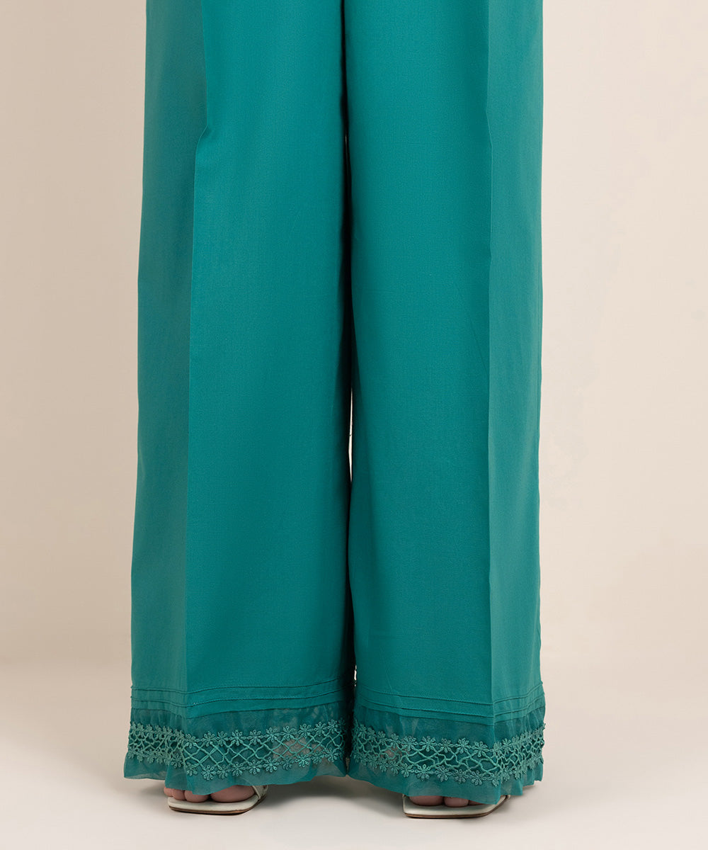 Women's Pret Cambric Solid Green Flared Pants